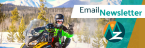 Zeb smiling on a snowmobile with the text "Email Newsletter" and the ZebulonLLC logo overlaid.
