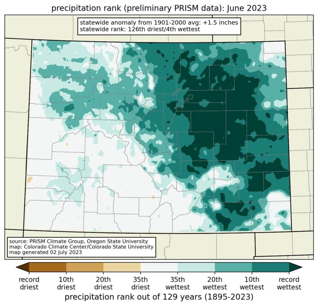 Mid-Season Update: A precipitation map from the PRISM Climate Group, showing Colorado's record-setting rain levels for June 2023.