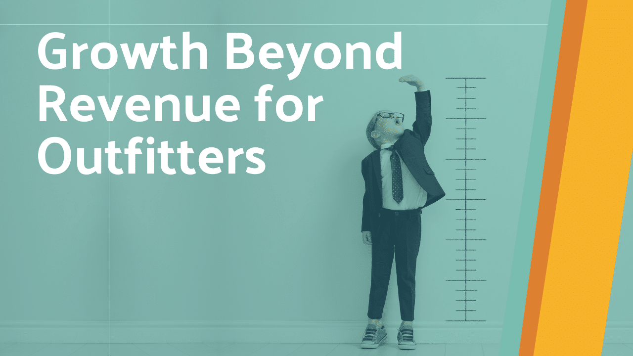 Blog thumbnail image with stylized Zebulon branding that reads "Growth Beyond Revenue for Outfitters" overlaid on an image of a small child wearing a tiny suit and tie reaching up to measure themselves against a growth chart on the wall.