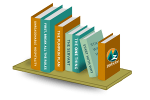 Seven Zebulon-colored books stacked on a bookshelf, demonstrating Zebulon's top book recommendations.