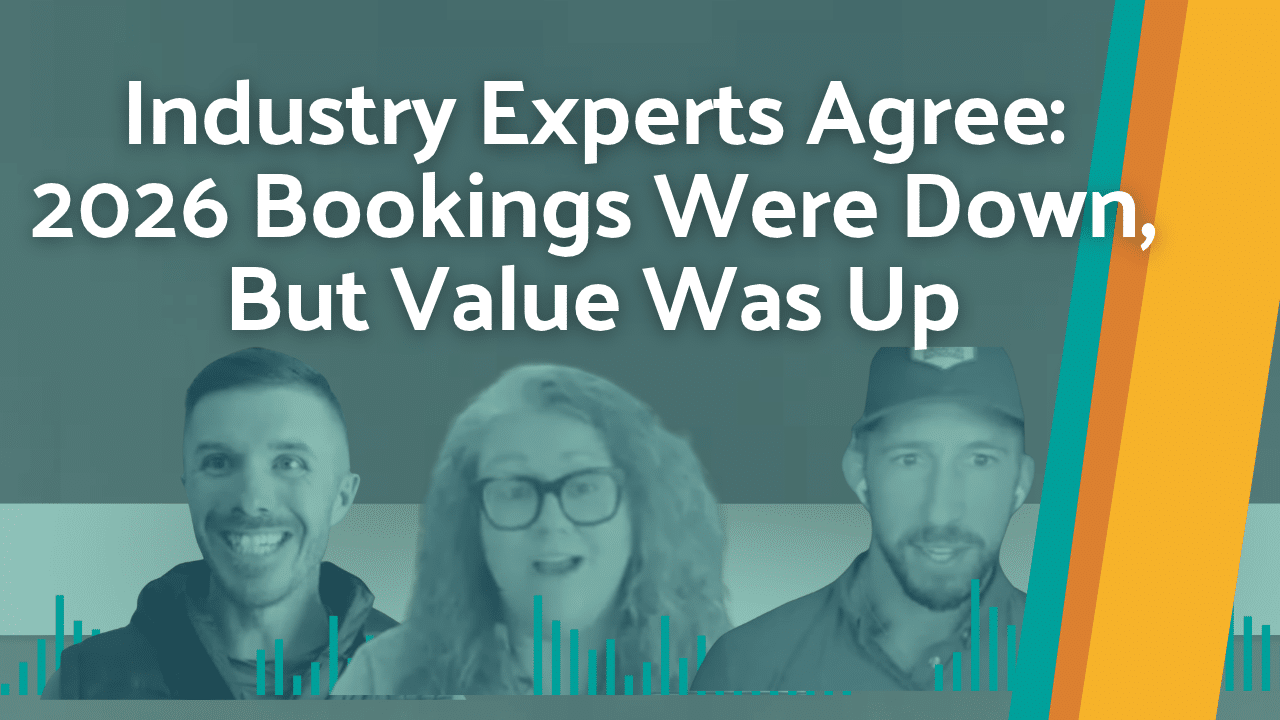 Blog Thumbnail image that reads "Industry Experts Agree: 2026 Bookings Were Down, But Value Was Up" with smiling screenshots of experts from Zebulon, The Flybook, and America Outdoors.